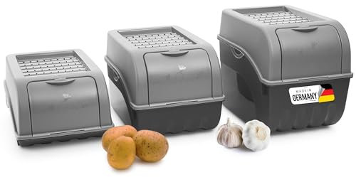 Novaliv Kartoffel Aufbewahrungsboxen Set | 3,5L + 5L + 9L | GRAU | Kartoffelboxen | Gemüseboxen stapelbar Zwiebelboxen Kartoffelkörbe Obstbehälter Kartoffelkisten Frischhaltedosen
