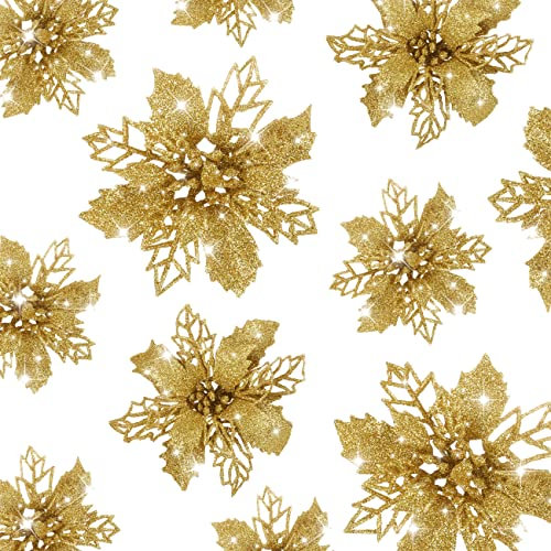GWHOLE 21 x Flores de Navidad Decoraciones para Árbol Navidad Flores Artificiales de Dorado en 3 Tamaño