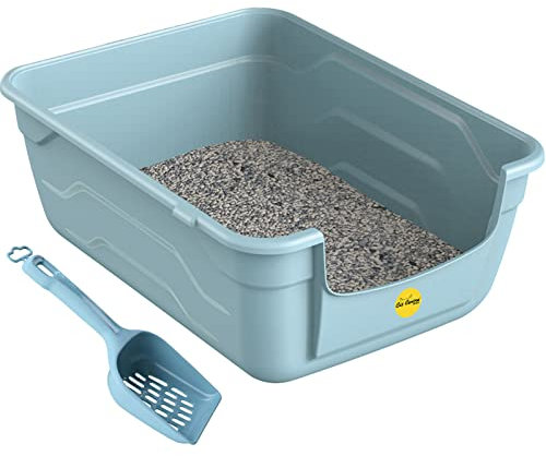 CAT CENTRE Blue Large Cat Kitten Litter Tray Box + Waste Scoop Set High Sided Deep Toilet Loo Adult Cats Kitten Pan Pet Loo Easy Cleaning Lowered Entry Step 11.5cm Easy Access Elderly Cat Trays