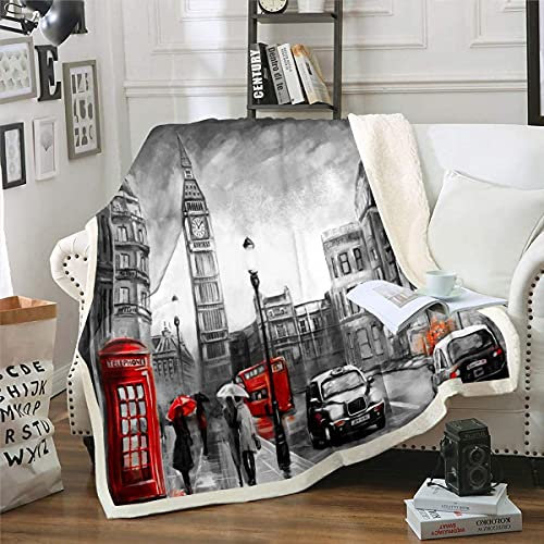 Homemissing Berühmte Big Ben Flanell Fleecedecke Retro LondAuf Derma Kuscheldecke für Schlafsofa Couch Stuhl Telefonzelle Decke 150x200cm Rot Grau UK Stadtbild Wohndecke Zimmer Dekor