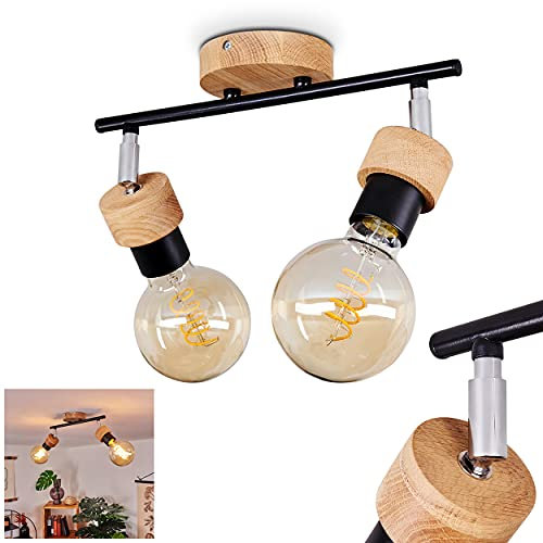 Deckenleuchte Harran, moderne Deckenlampe aus Metall/Holz in Schwarz/Natur/Chrom, Leuchte im skandinavischen Design mit verstellbaren Strahlern, 2-flammig, 2 x E27-Fassung, ohne Leuchtmittel