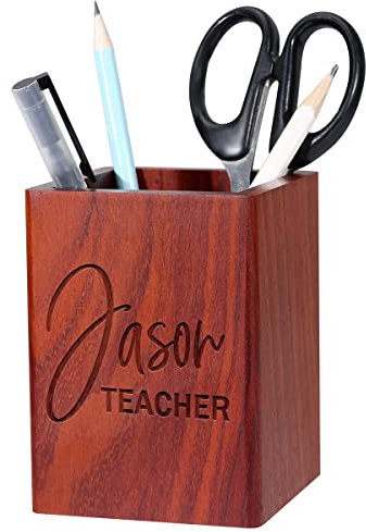 ANQIYI Personalised Wooden Pen Pot Custom Name, Multifunctional Pen Pencil Holders Desk Tidy, Red Pencil Pot Desk Organiser