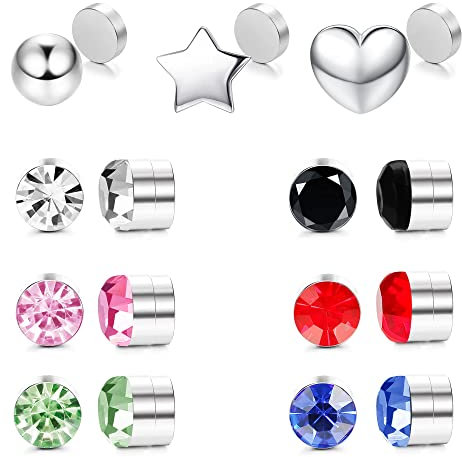 LOLIAS 12-15 Stücke Magnet Ohrringe Herren Damen Edelstahl Fake Piercing Clip auf CZ Ohrringe Bunte Fake Nasenpiercing Ohrstecker Set