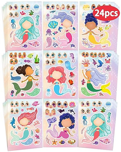 24 Pcs Make Your Own Mermaid Sticker Sheets for Kids with Mermaid Face Stickers for Kids Toddlers Girls Crafts Activities Gift Bag Stuffers Birthday Party Valentines Day Gifts for Kids Classroom