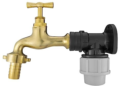 MDPE Compression Wall Flange Plate + Hozelock Compatible Quick Connect Tap 20mm (Polished Brass Bib - Barbed)
