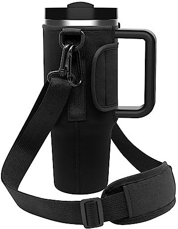 Bolsa Porta Botella de Agua Para Stanley Tumbler, Portabotellas con Funda de Pajita de Silicona Reutilizable, Correa Ajustable para El Hombro Y Mosquetón, para Viajes, Camping (40 Oz, Negro)
