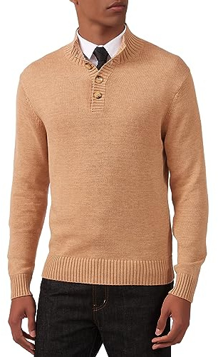 Kallspin Uomo Button Mock Neck Maglia in Misto Lana Pullover a Manica Lunga di Medio Peso(Cachi, L)