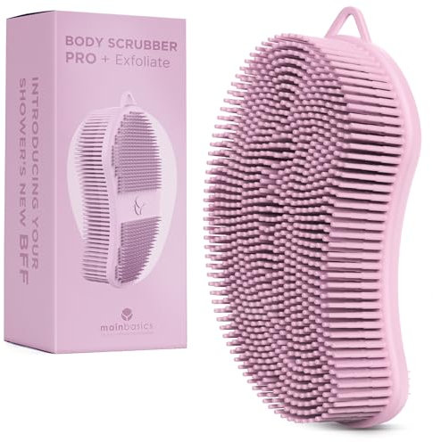 MainBasics Scrubber per il corpo in silicone, esfoliante per doccia a due lati, per uomini e donne, alternativa delicata alla luffa in silicone per una pulizia profonda (rosa, esfoliante)