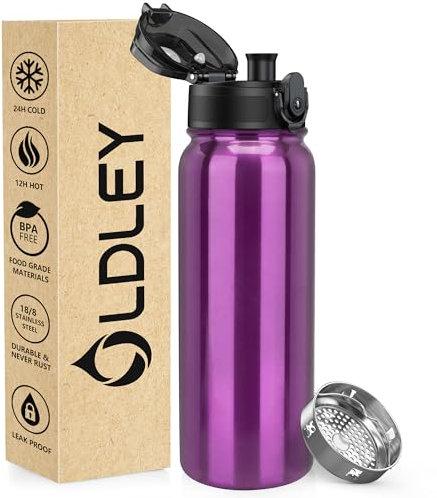 OLDLEY Bouteille d'eau Acier Inoxydable 600ml Bouteille Isotherme à Double Paroi pour Garder les Boissons Chaudes et Froides Sans BPA Bouteille d'eau Isolée Métal pour Sport Travail(Violet)