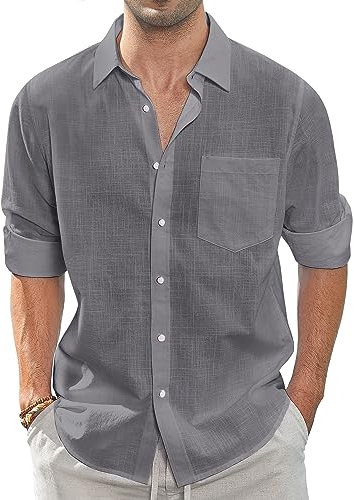 J.VER Men's Long Sleeve Linen Shirts Regular Fit Casual Cotton Solid Lightweight Summer Beach Shirt with Pocket Dark Grey 3XL