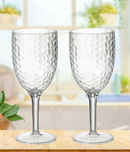 Shop4allsorts Set of 2 Clear Dimple Plastic Wine Glasses Drinking Goblets Outdoor Dining Glass 400ml