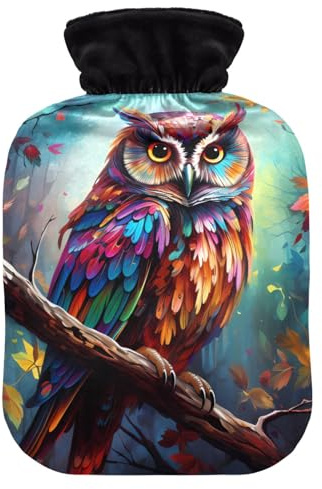 Watercolor Owl Rainbow Hot Water Bottle and Cover Soft Warm for Winter Bed Hand Neck and Shoulders 1 L