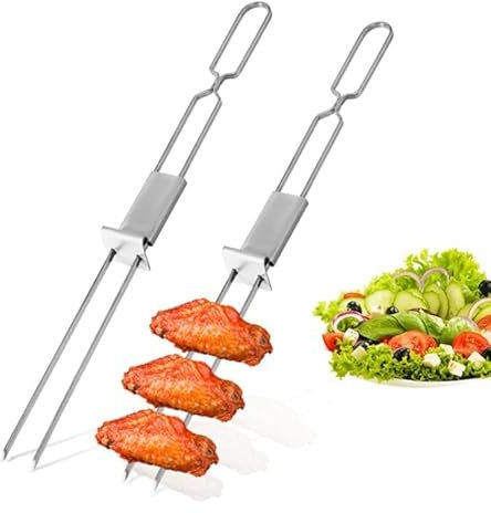 Lot de 2 brochettes à double tête en forme de U, fourchette semi-automatique en acier inoxydable avec barre de poussée à dégagement rapide pour viande, poulet, légumes et fruits