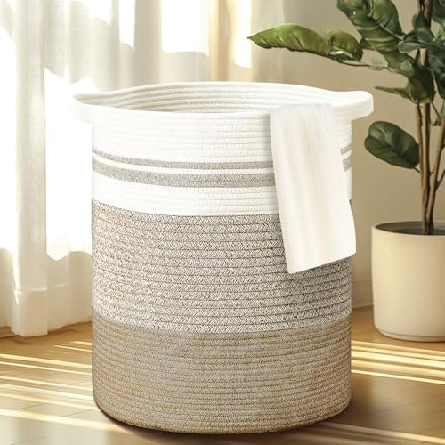 BBLTIFF Cesto Ropa Sucia, 50L Cesto Colada con Asa, Cesta Para Ropa Sucia, Trenzado de Algodón, Cubo Ropa Sucia, Cesto Juguetes, 32 x 47 CM Para Ropa, Sábanas, Mantas y Juguetes (Blanco y Marrón)