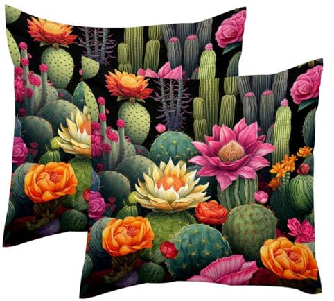 Kissenbezug mit blühendem Kaktus, weicher Samt, modern, dekorativ, doppelseitig, 50 x 50 cm (Kissen nicht im Lieferumfang enthalten), 2 Stück