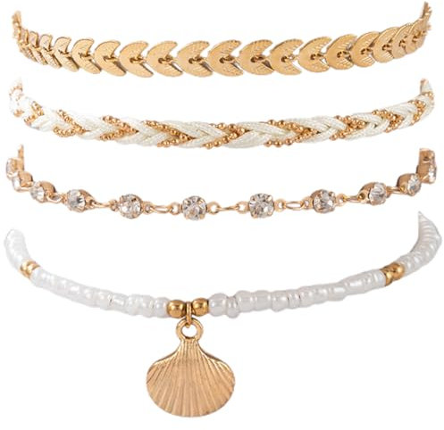 MKVZIYE 4 pcs Bracelets de cheville en perles Boho Chaîne en argent multicouche de cheville Brtacelets Accessoires de plage Bijoux de pied réglables pour femmes et filles