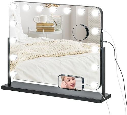 HOMCOM Hollywood Spiegel mit Beleuchtung 62,5x52 cm 360°Drehbar Schminkspiegel mit 15 LED Licht 3 Lichtfarben USB-Ladeanschluss Handyhalterung Touchschalter, Kosmetikspiegel 10X Vergrößerung Schwarz