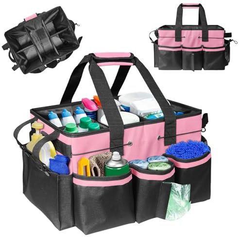 Boczif Cleaning Caddy Bag Wearable, Cleaning Caddy Supplies Organizer with Handle, Shoulder Straps & Detachable Divide, Cleaning Tool Organizers Tote Bag for Cleaners & Housekeepers (Pink)