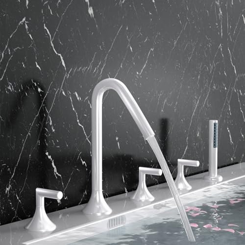 BiaoTeng 5 Loch Handbrause Badewannen Armatur Set Wannenrand Warm und Kalt Messing G1/2 Anschluss mit Ausziehbarem Wasserhahn für Badewanne mit Dusche Weiß