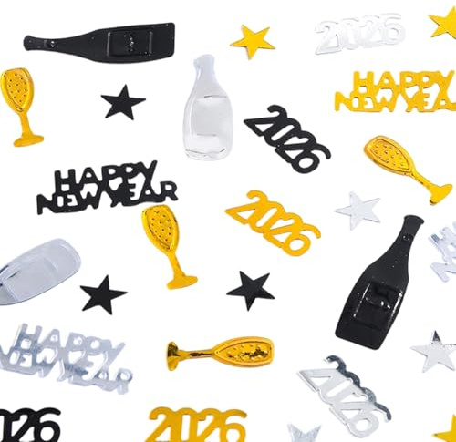 30 g Konfetti zum Geburtstag, Abend, Dekoration für Silvester 2026, Schwarz, Silber, Gold, Sterne, Happy New Year, Pailletten, für Geburtstag, Karneval, Party, Dekoration, Gold und Schwarz