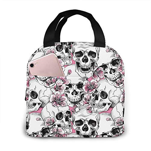 Hulnulnu Bolsa de almuerzo aislada con diseño de calavera con flores de cerezo rosa, reutilizable, portátil, lonchera impermeable con cierre zip, portabocadillo para picnic, oficina, trabajo