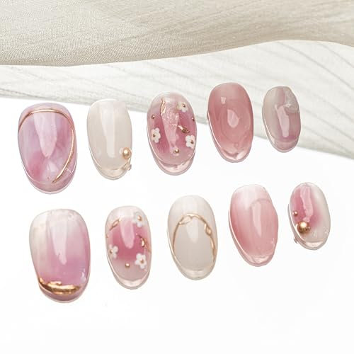 Sun&Beam Nails Handgefertigte Kunstnägel Mittel Lang Oval Nägel zum Aufkleben in Lila Weiß Frisch und Leicht Ombre Blumen Design mit Klebepads 10 Stück (#172 M)