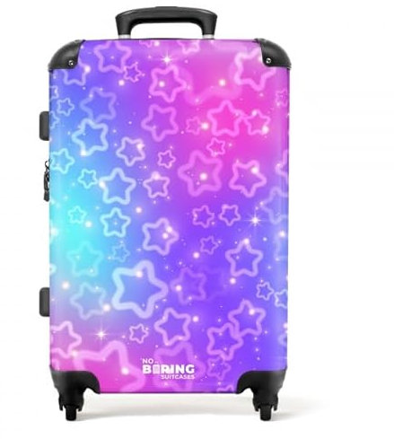 NoBoringSuitcases.com Kinderkoffer Mädchen, Hartschalenkoffer Groß, Koffer Kinder, TSA, Koffer Mädchen, Kinder Reisekoffer Groß, Koffer Mittelgroß (Sternenmuster - Lila-Rosa, 67 cm - 72 L)