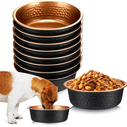 Teenyyou 8 Pcs Hammered Stainless Steel Dog Bowls Heavy Duty Less Sliding Deep Metal Food Water Bowls for Pets Dogs Cats Easy to Clean(Black Gold,32 Oz, 6.9 Dia)