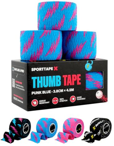 SPORTTAPE Hook Grip Daumentape – 3 Rollen - 3,8 cm x 4,5 - Blau | Selbstklebendes, schweißfestes & reißbares Baumwolle | Ideal für Gewichtheben, Powerlifting & Training - 90+ Anwendungen