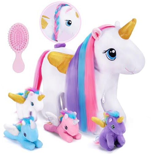 OUOZZZ Einhorn Kuscheltier Set, 5 Stück Weich Einhorn Plüschtier mit 4 Baby Einhorn Stofftiere im Bauch - Geburtstagsgeschenk für Kinder Mädchen Jungen