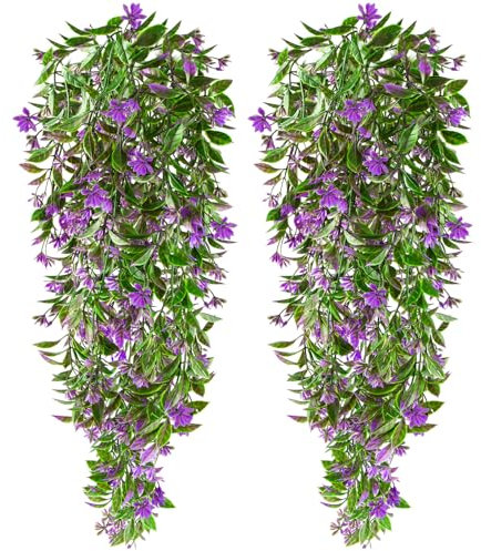 Kunstpflanzen Hängend- 2 Stück Künstliche Pflanzen Blumen Hängend Hängepflanzen Grünpflanze Plastikpflanzen Deko für Hochzeiten Partys, Balkone, Schlafzimmer, Küche, Wohnzimmer Büro Fensterbank (Lila)
