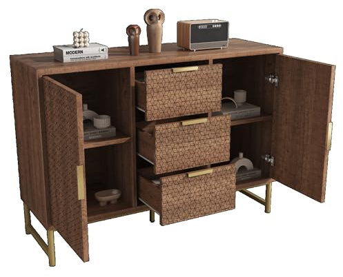 Kommode aus Nussbaum-Spanplatte mit Metallgriffen, 3 Schubladen und 2 Türen, Höhenverstellbares Regal, Kippsicherung für mehr Sicherheit, Modernes Möbelstück für vielseitige Anwendungen (Nussbaum)