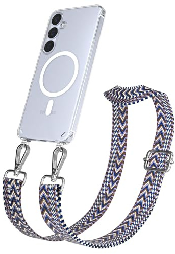 EAZY CASE Handykette - Verstellbares Taschenband kompatibel mit Galaxy S25 Plus, Schulterriemen, Handykordel mit Silikon Hülle, Qi Charging kompatibel, Umhängetasche, Blau Weiß Silber