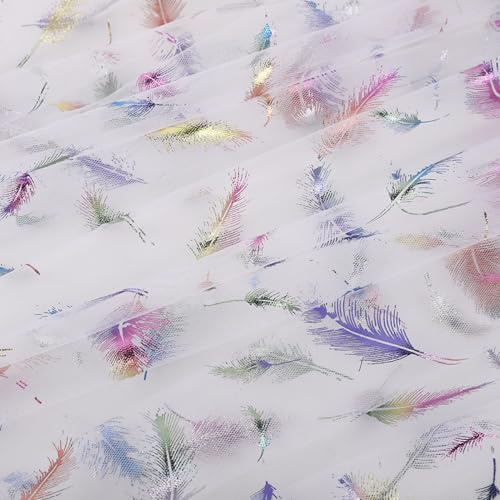 Blausky 150cm x 5m Tüll Stoff,Federtüll Meterware Sparkly Stoff Tüll Netz Netzstoff Dekostoff zum Nähen Tüll mit Bunte Federn Glitzer Tüll für DIY Basteln Tutu Rock Bogen Tischdeko,Weiß