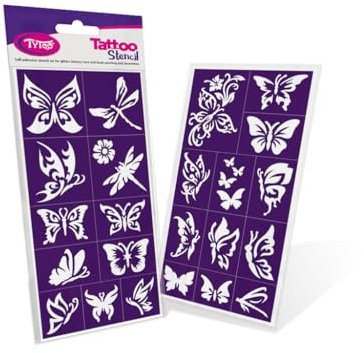 TyToo Glitzer Tattoo Schablonen Set – wiederverwendbare Vorlagen für Kinder & Erwachsene – EU-Design, hautfreundlich, perfekt für Partys, Kinderschminken & Bodypainting (Schmetterlinge)