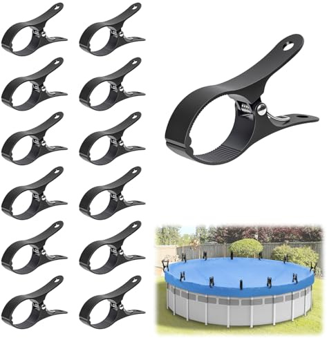 MJZ 12 Stück Poolabdeckungs-Clips, 10,9 cm, Aluminiumlegierung, Poolabdeckungsklemmen, winddichte Clips für oberirdische Pools, Schwarz