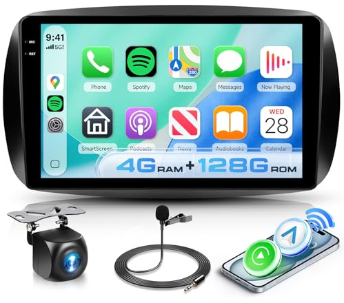 Hodozzy 4GB+128GB Android Autoradio für Mercedes Benz Smart 453 Fortwo 2014-2020 Carplay Wireless Android Auto, 9 Zoll InCell Touchscreen 2 Din Radio mit GPS Navi Bluetooth DSP WiFi FM RDS, Kamera