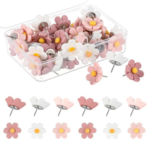 Wanheart 30Pcs Flower Drawing Pins,Push Pins for pinboard and Maps & Crafts | Natural Cork Board Pins for Noticeboards,Drawing Pins for School & Office and Home Use