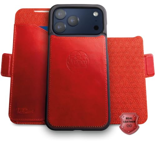 Dreem Echtleder-Hülle für iPhone 17 Pro Max, mit abnehmbarem Portemonnaie | Neuartig vert/horiz Handyhalter, RFID-blockierende Kartenhülle, Kompatibel mit MagSafe, Geschenkbox [Fibonacci: Rot]