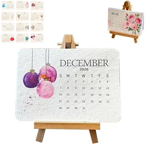 Pflanzbarer Saatgutkalender 2026, Umweltfreundlicher Einpflanzbarer Kalender 2026 mit Ständer, 12 Monate biologisch abbaubares Saatpapier Kalender für einen grünen Garten (1 set)