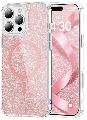 SIYOPINPFY Glitter Case for iPhone 12 Pro Max Magnetic Sparkly Rose JY | Compatible with MagSafe , Built-in N52 Strong Magnets , Anti-Yellow Shockproof , Clear Cute Shiny Cover for Women Girls Boy