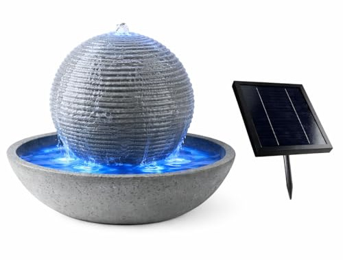 Gardenwize - Solar Powered Ribbed Sphere Garden Water Feature with LED Lights & Battery Back-up | Outdoor Solar Water Fountain for Garden, Patio & Balcony