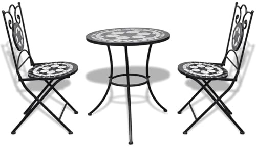 Tidyard Set da bistrot, 3 pezzi, in piastrelle di ceramica nero e bianco, per esterni