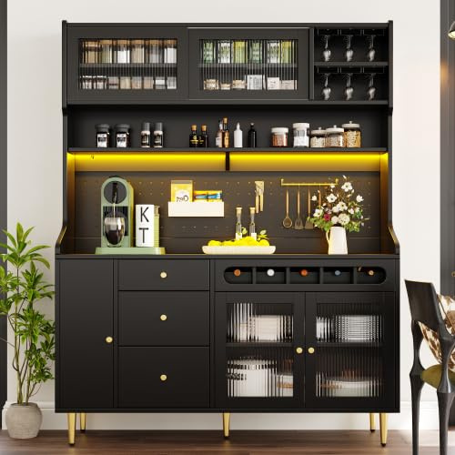Merax LED Highboard Kitchen Cabinet with Adjustable Shelves & Wine Rack, Freestanding Tall Storage Unit for Kitchen, Living Room & Dining