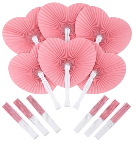 12Pcs White Paper Fans Heart Shaped Wedding Fans Handheld Folding Hand Fan with Plastic Handle Chinese Handheld Fans for for DIY Craft Summer Wedding Dancing Birthday Bag Fillers Party Favour (Pink)