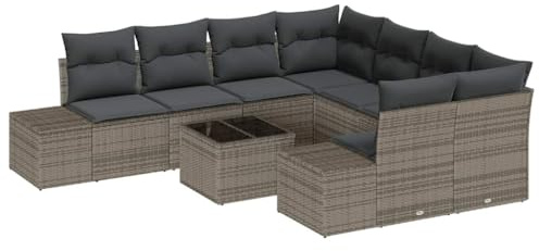PUGYNBK Poly-Rattan Gartenmöbel-Set mit Kissen, 9-teiliges Lounge-Set grau mit höhenverstellbarem Tisch und Stauraum