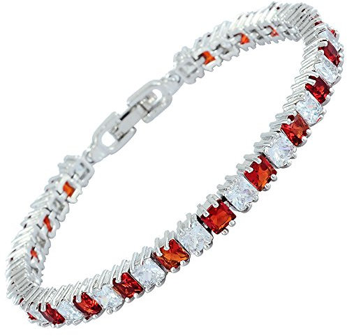Rizilia Cubetto Di Ghiaccio Princess Cut Simulata Rosso Rubino CZ 18K Placcato In Oro Bianco Bracciale Tennis, [18cm/7inch]
