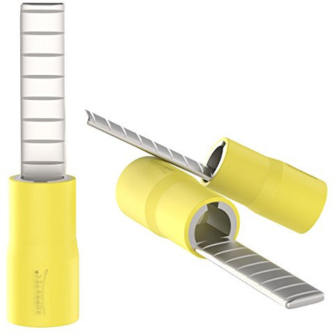 AUPROTEC 100x Flachstiftstecker 4 mm² - 6 mm² gelb Stiftabmessung 4,5 x 18 mm teilisolierte PVC Flachstiftkabelschuhe Flache Bauform DBV Kabel-Verbinder aus Kupfer verzinnt