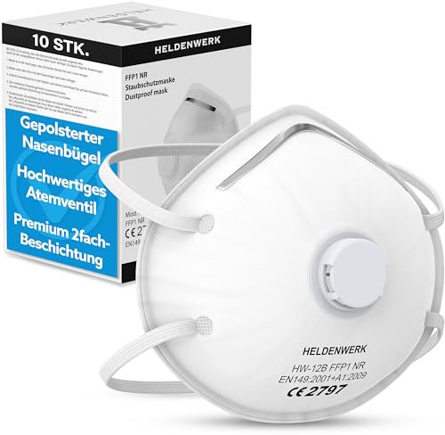 HELDENWERK Atemschutzmaske im 5er, 10er oder 20er Set - Atemmaske - Perfekt anpassbare FFP1 Mundschutz Maske - Feinstaubmaske, Staubschutzmaske für Schleifen etc
