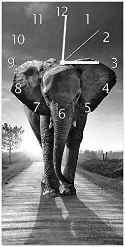 Wallario Design-Wanduhr Elefant bei Sonnenaufgang in Afrika schwarzweiß aus Glas, Motiv-Uhr Größe 30 x 60 cm, weiße Zeiger